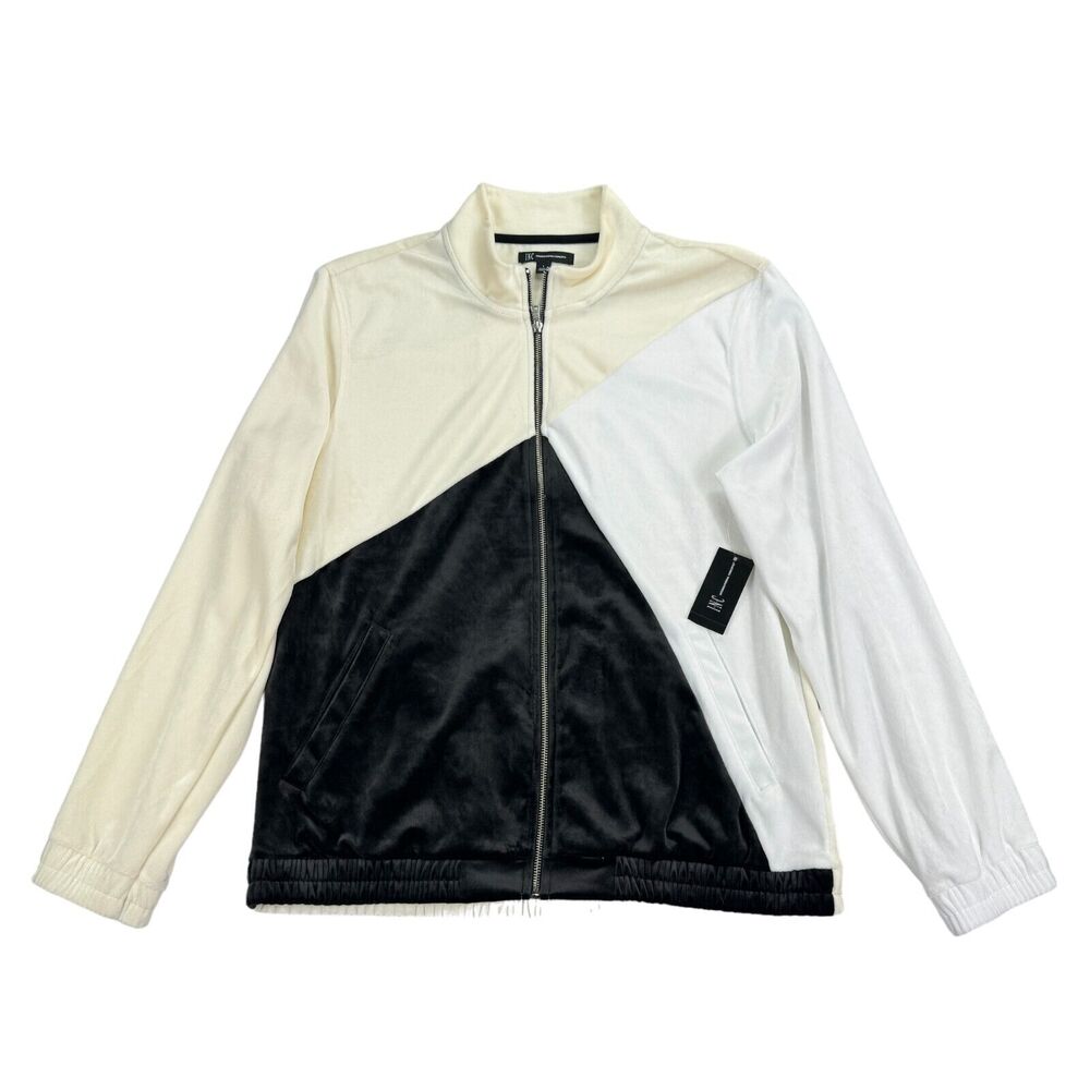 INC Mens Pieced Colorblock Velour Jacket Cream Black L